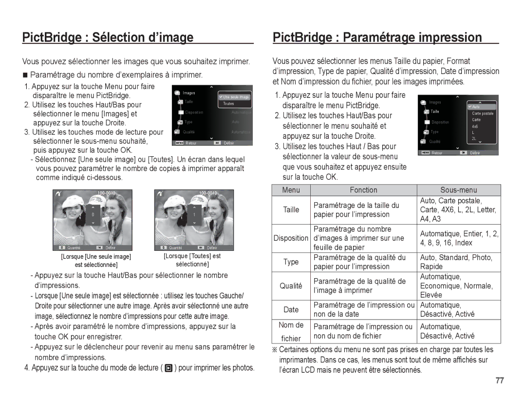 Samsung EC-ES20ZZBASFR, EC-ES20ZZBABE1, EC-ES20ZZBABFR manual PictBridge Sélection d’image, PictBridge Paramétrage impression 