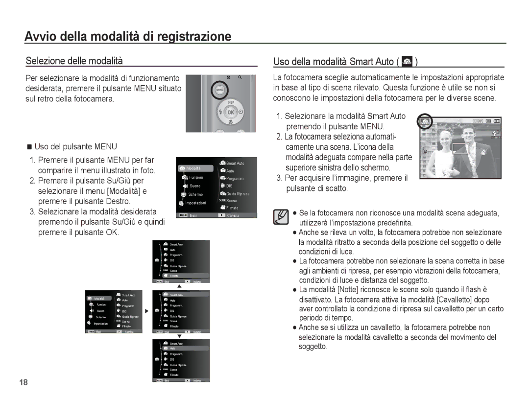 Samsung EC-ES20ZZBABIT Avvio della modalità di registrazione, Selezione delle modalità, Uso della modalità Smart Auto 