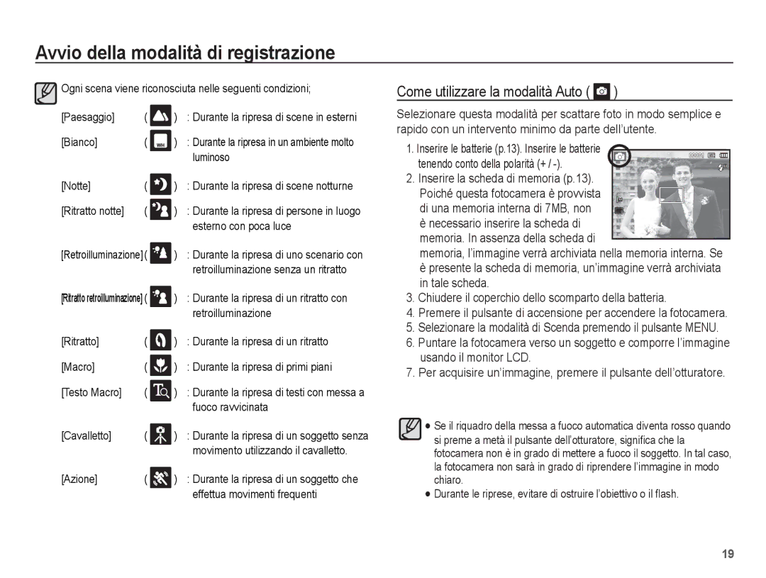 Samsung EC-ES20ZZBAWIT, EC-ES20ZZBAPIT, EC-ES20ZZBASIT Come utilizzare la modalità Auto, Di una memoria interna di 7MB, non 