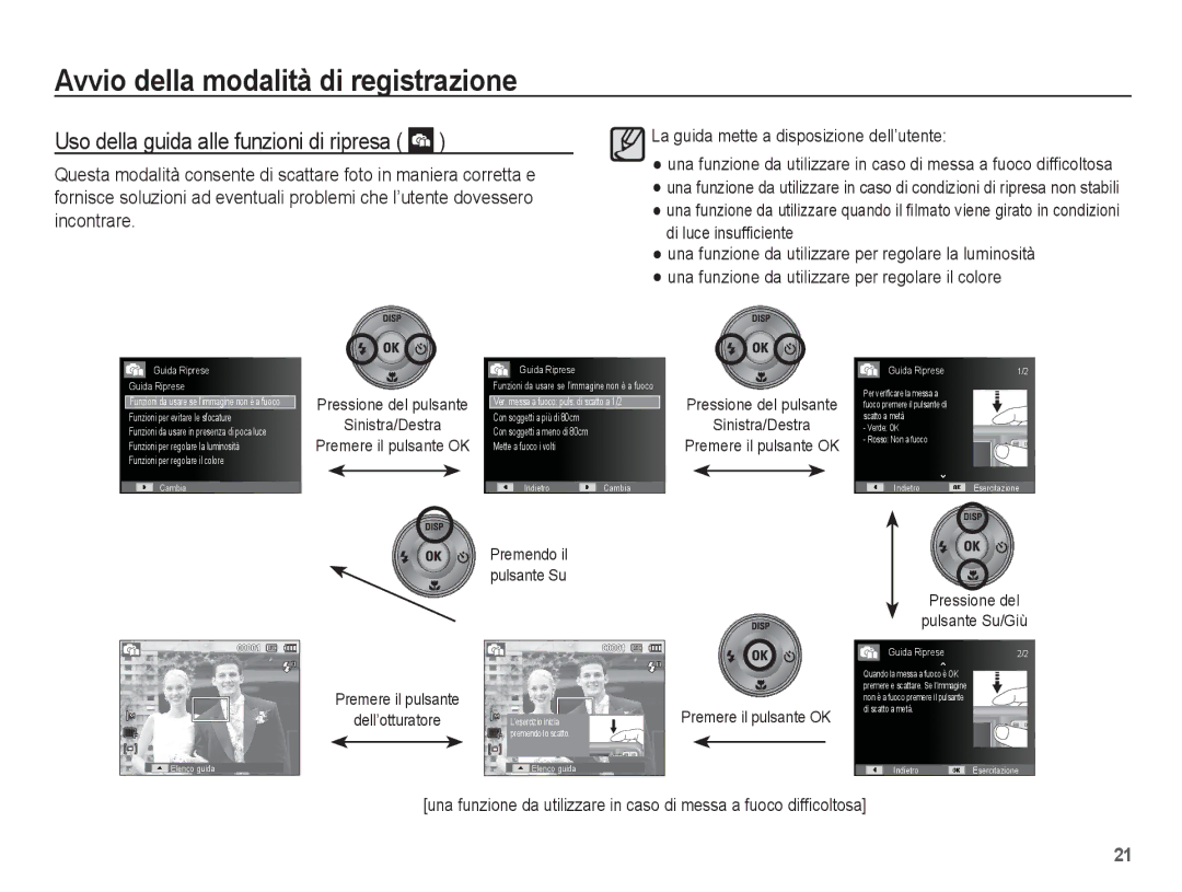 Samsung EC-ES20ZZBASIT manual Uso della guida alle funzioni di ripresa, Sinistra/Destra, Pressione del Pulsante Su/Giù 