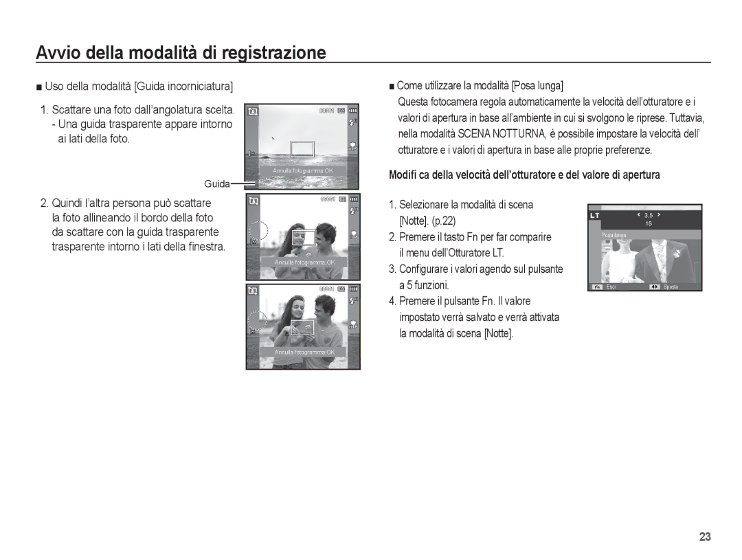 Samsung EC-ES20ZZBAWIT manual Come utilizzare la modalità Posa lunga, Selezionare la modalità di scena Notte. p.22 