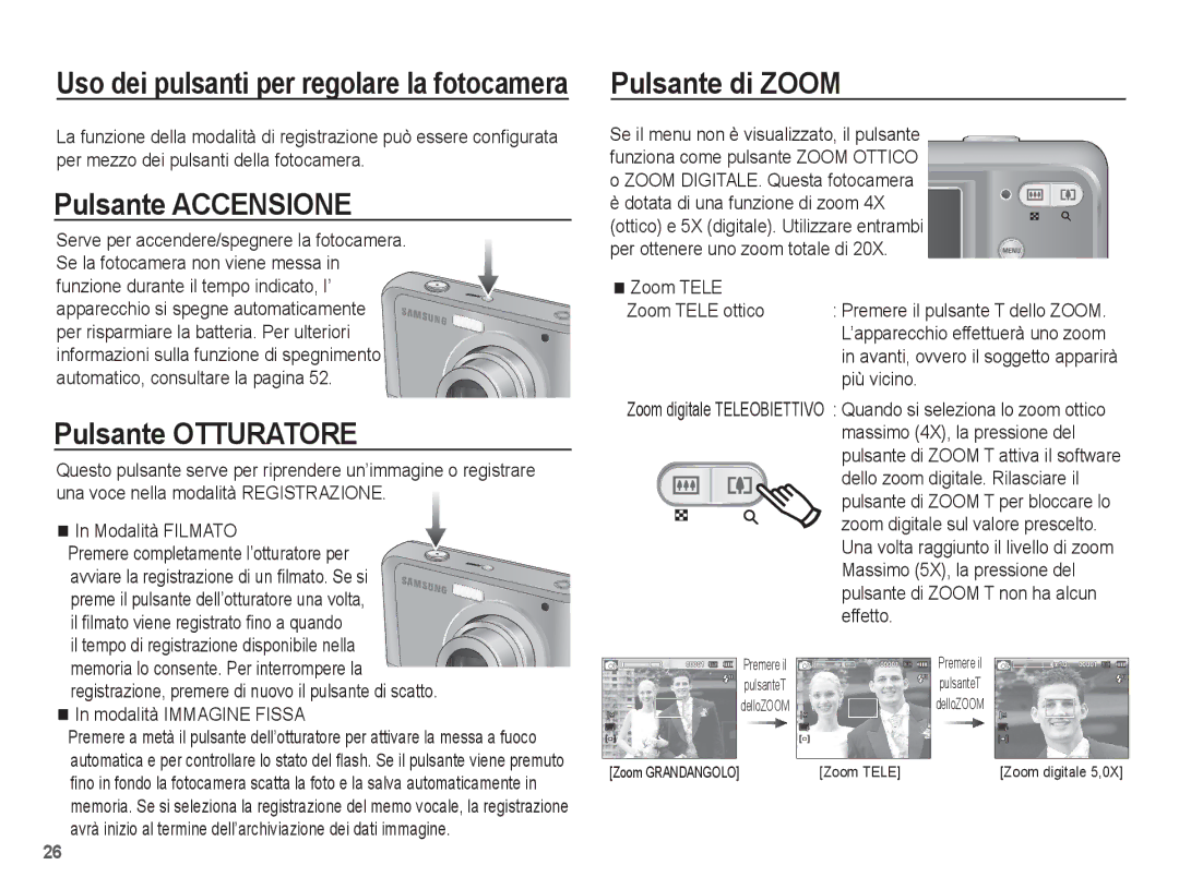 Samsung EC-ES20ZZBABIT, EC-ES20ZZBAWIT, EC-ES20ZZBAPIT manual Pulsante Accensione, Pulsante Otturatore, Pulsante di Zoom 