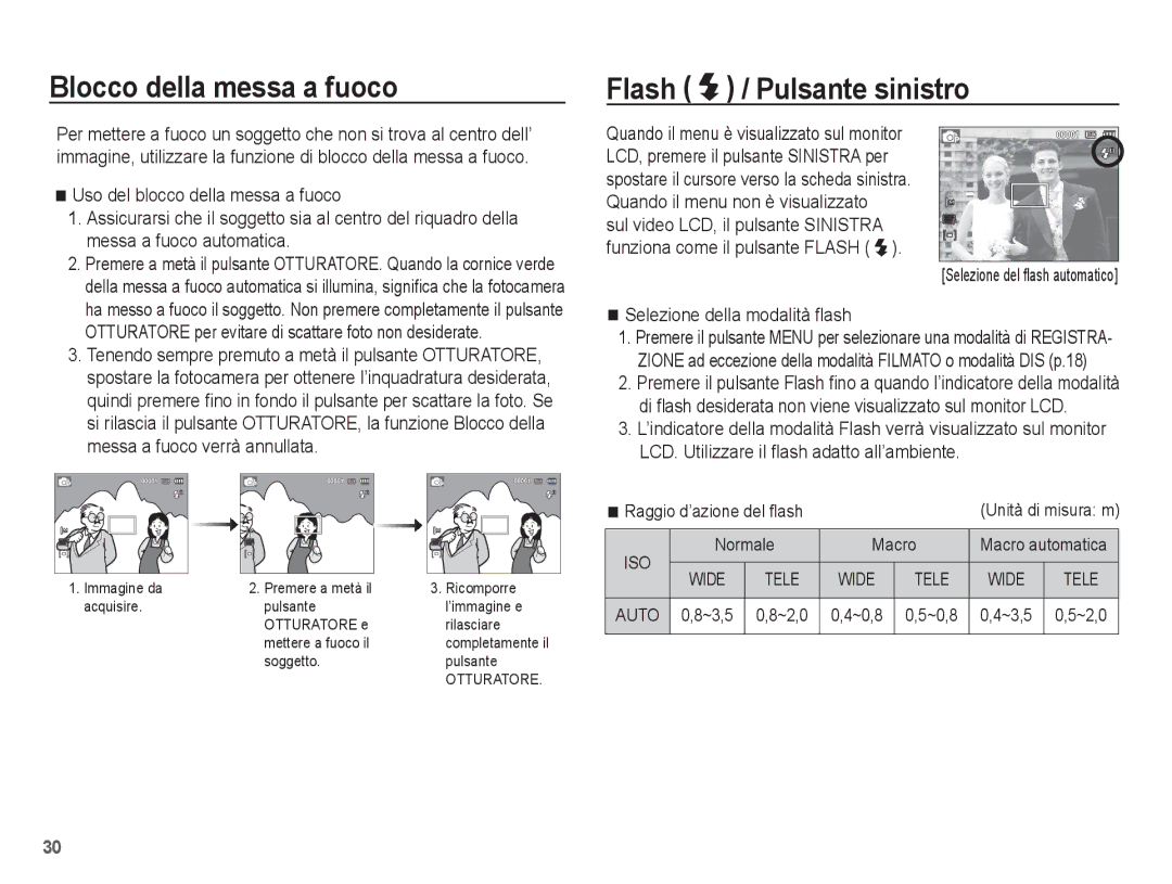 Samsung EC-ES20ZZBABIT manual Blocco della messa a fuoco, Flash / Pulsante sinistro, Selezione della modalità ﬂash 