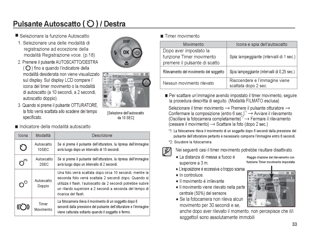 Samsung EC-ES20ZZBASIT manual Selezionare la funzione Autoscatto, Indicatore della modalità autoscatto, Timer movimento 