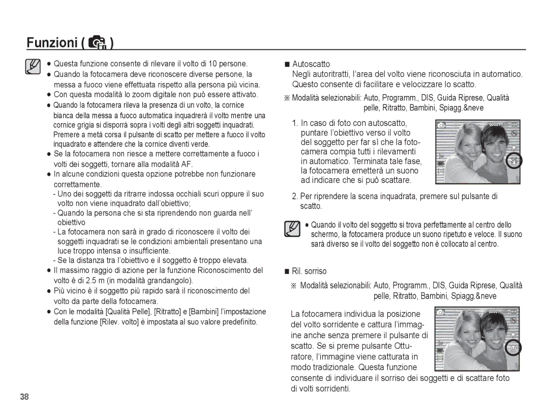 Samsung EC-ES20ZZBABIT, EC-ES20ZZBAWIT, EC-ES20ZZBAPIT, EC-ES20ZZBASIT manual Autoscatto, Ril. sorriso 