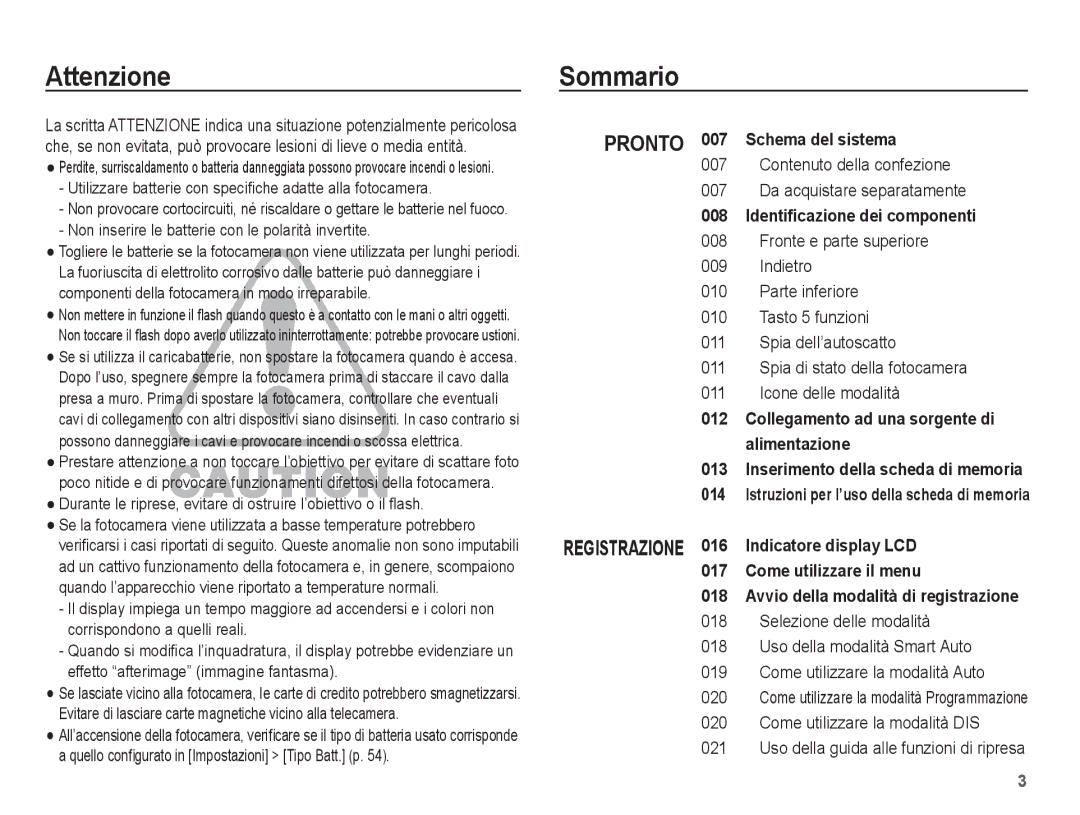 Samsung EC-ES20ZZBAWIT, EC-ES20ZZBAPIT manual Attenzione Sommario, Contenuto della confezione Da acquistare separatamente 