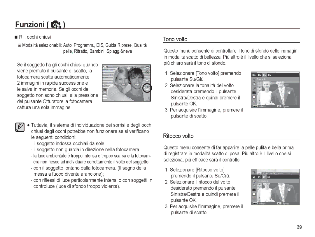 Samsung EC-ES20ZZBAWIT, EC-ES20ZZBAPIT, EC-ES20ZZBASIT, EC-ES20ZZBABIT manual Tono volto, Ritocco volto 