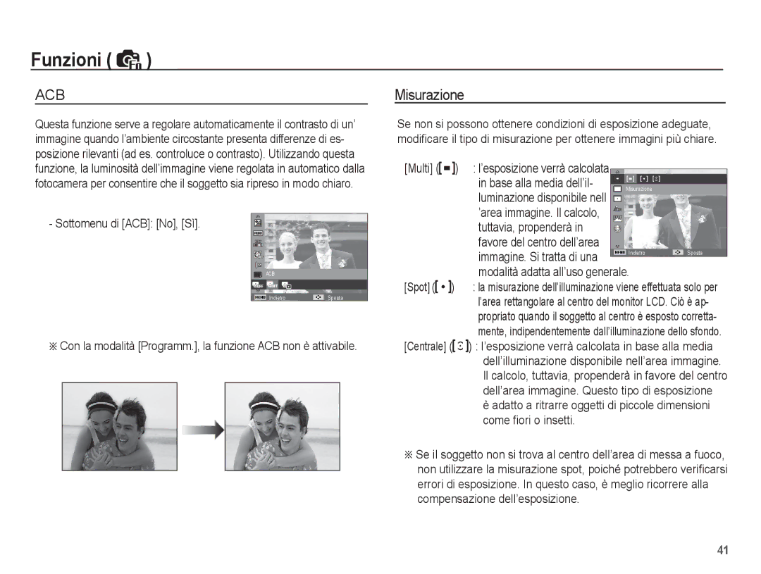 Samsung EC-ES20ZZBASIT manual Misurazione, Sottomenu di ACB No, Sì, Tuttavia, propenderà, Modalità adatta all’uso generale 