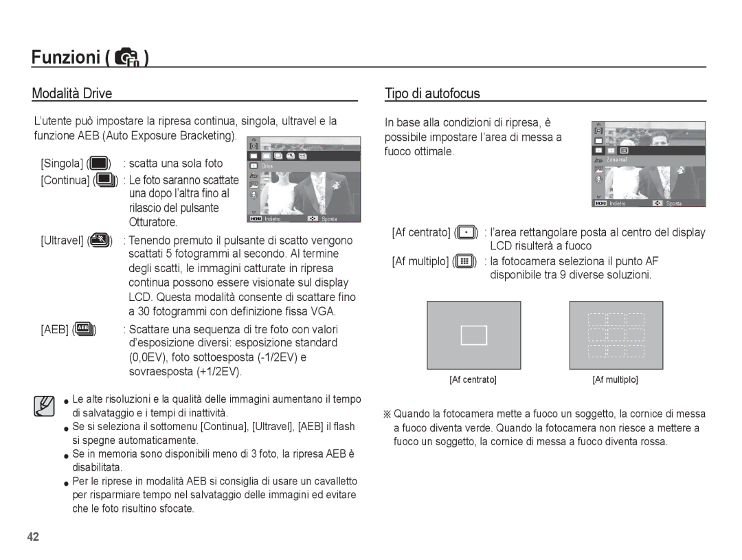 Samsung EC-ES20ZZBABIT, EC-ES20ZZBAWIT, EC-ES20ZZBAPIT, EC-ES20ZZBASIT manual Modalità Drive, Tipo di autofocus 