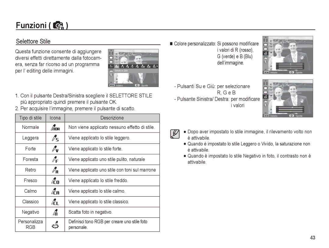 Samsung EC-ES20ZZBAWIT, EC-ES20ZZBAPIT, EC-ES20ZZBASIT manual Selettore Stile, Colore personalizzato Si possono modiﬁcare 