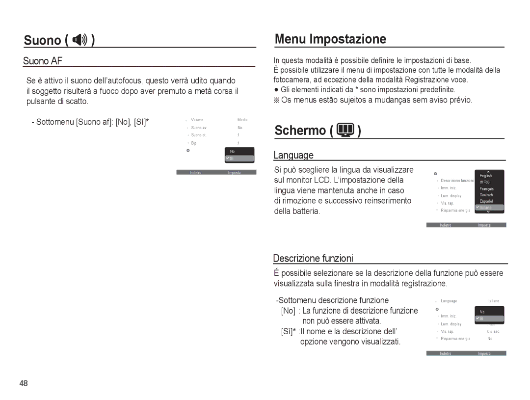 Samsung EC-ES20ZZBAPIT, EC-ES20ZZBAWIT, EC-ES20ZZBASIT Menu Impostazione, Schermo, Suono AF, Language, Descrizione funzioni 