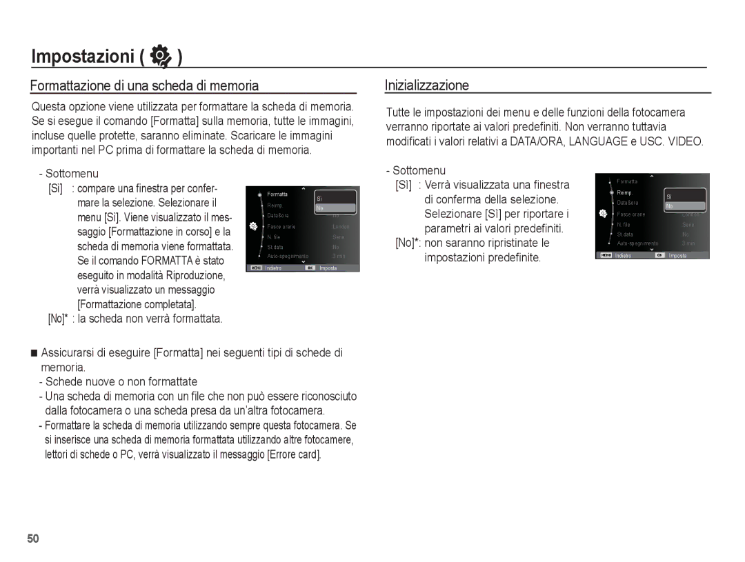 Samsung EC-ES20ZZBABIT, EC-ES20ZZBAWIT manual Impostazioni, Formattazione di una scheda di memoria, Inizializzazione 