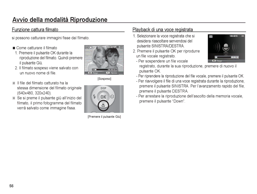 Samsung EC-ES20ZZBAPIT manual Funzione cattura filmato, Playback di una voce registrata, Premere il pulsante Destra 