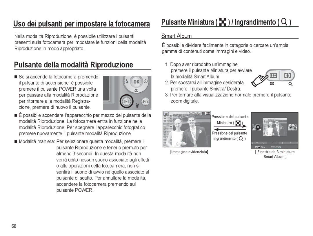 Samsung EC-ES20ZZBABIT, EC-ES20ZZBAWIT, EC-ES20ZZBAPIT Pulsante della modalità Riproduzione, La modalità Smart Album 