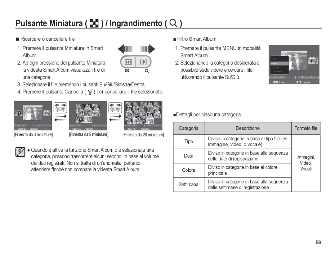 Samsung EC-ES20ZZBAWIT, EC-ES20ZZBAPIT manual Pulsante Miniatura º / Ingrandimento í, ŶDettagli per ciascuna categoria 