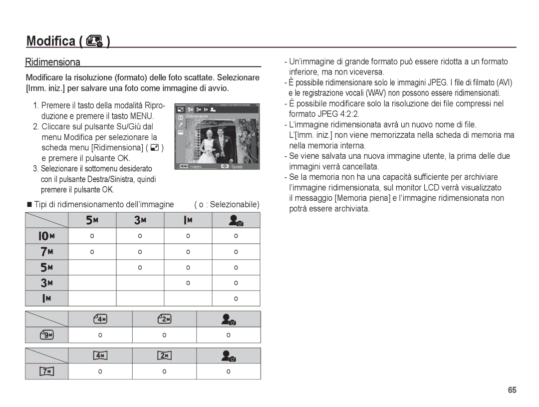 Samsung EC-ES20ZZBASIT, EC-ES20ZZBAWIT, EC-ES20ZZBAPIT, EC-ES20ZZBABIT manual Modifica, Ridimensiona 