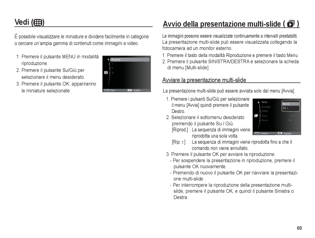 Samsung EC-ES20ZZBASIT, EC-ES20ZZBAWIT, EC-ES20ZZBAPIT, EC-ES20ZZBABIT manual Vedi, Avviare la presentazione multi-slide 