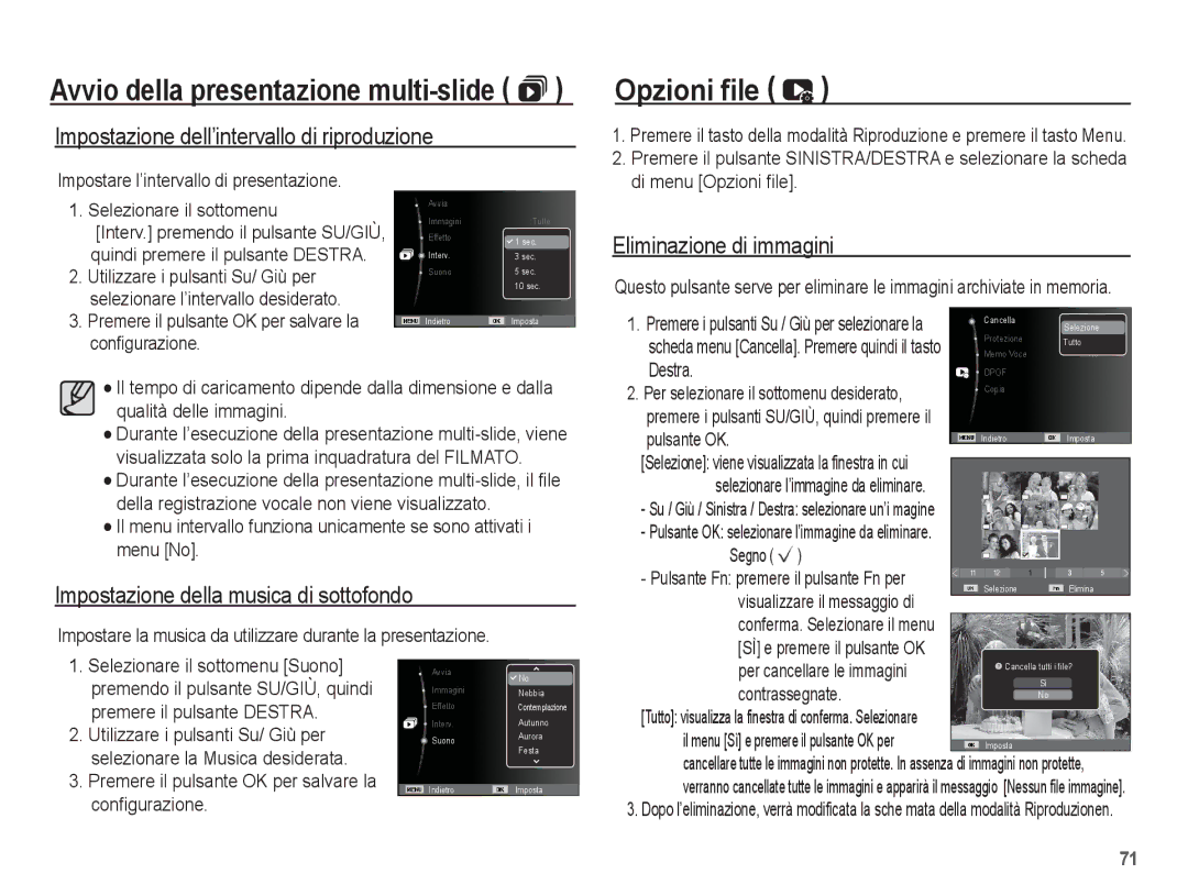 Samsung EC-ES20ZZBAWIT manual Opzioni file, Impostazione dell’intervallo di riproduzione, Eliminazione di immagini 