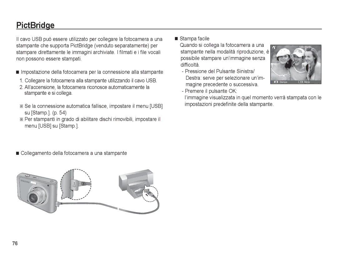 Samsung EC-ES20ZZBAPIT, EC-ES20ZZBAWIT, EC-ES20ZZBASIT, EC-ES20ZZBABIT manual PictBridge, Magine precedente o successiva 