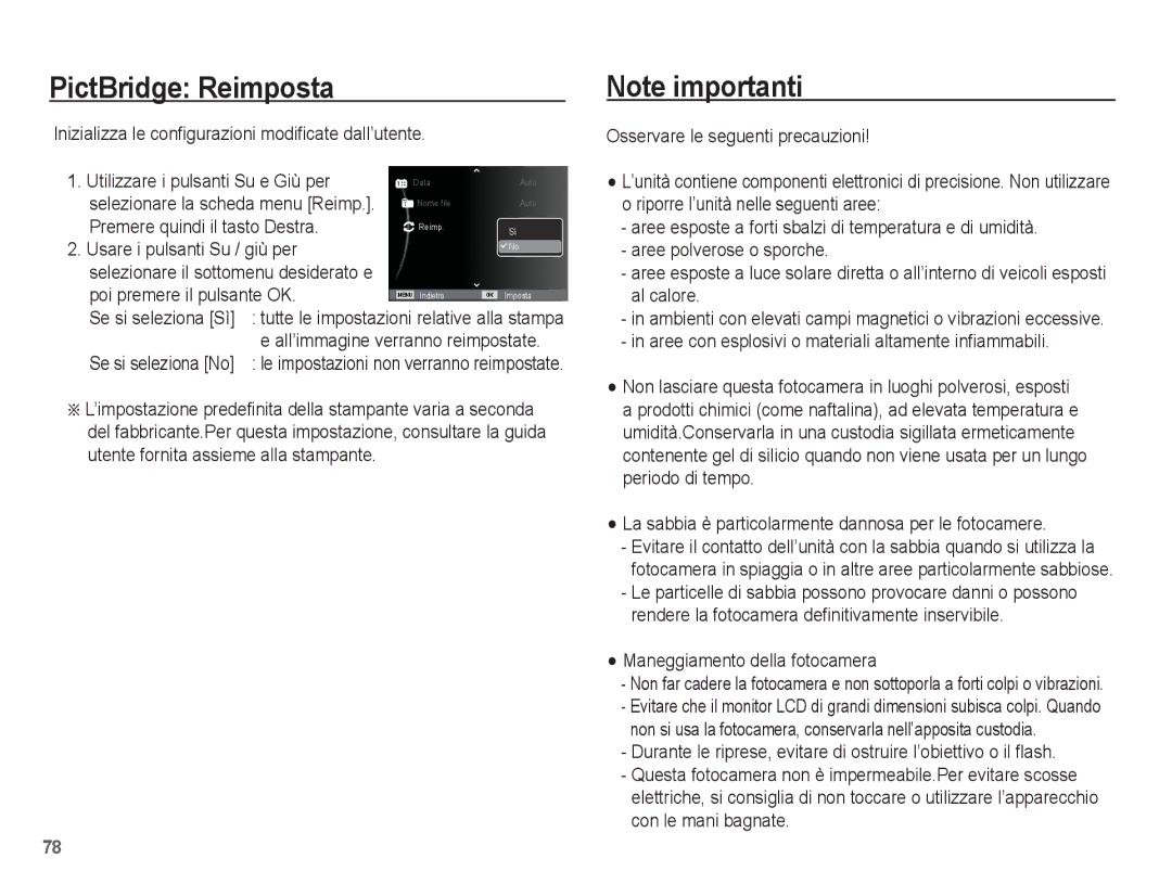 Samsung EC-ES20ZZBABIT, EC-ES20ZZBAWIT, EC-ES20ZZBAPIT, EC-ES20ZZBASIT manual PictBridge Reimposta 