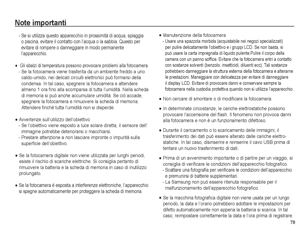 Samsung EC-ES20ZZBAWIT, EC-ES20ZZBAPIT manual Avvertenze sull’utilizzo dell’obiettivo, Manutenzione della fotocamera 