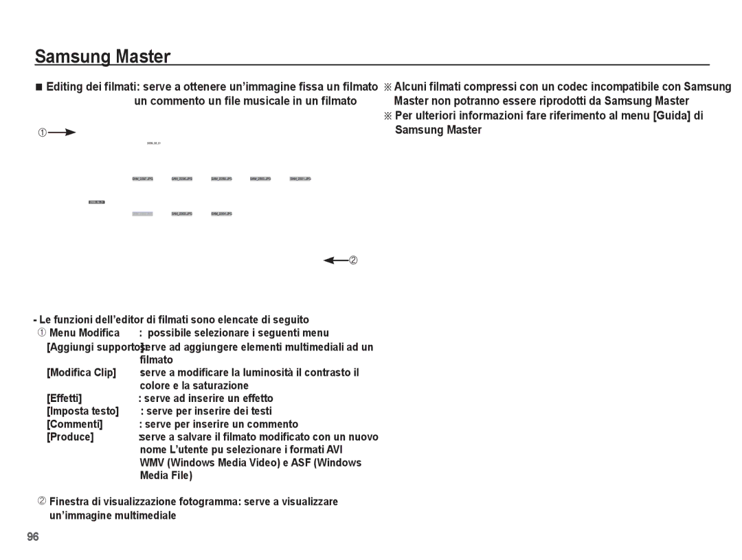 Samsung EC-ES20ZZBAPIT Le funzioni dell’editor di filmati sono elencate di seguito, Filmato, Modifica Clip, Media File 
