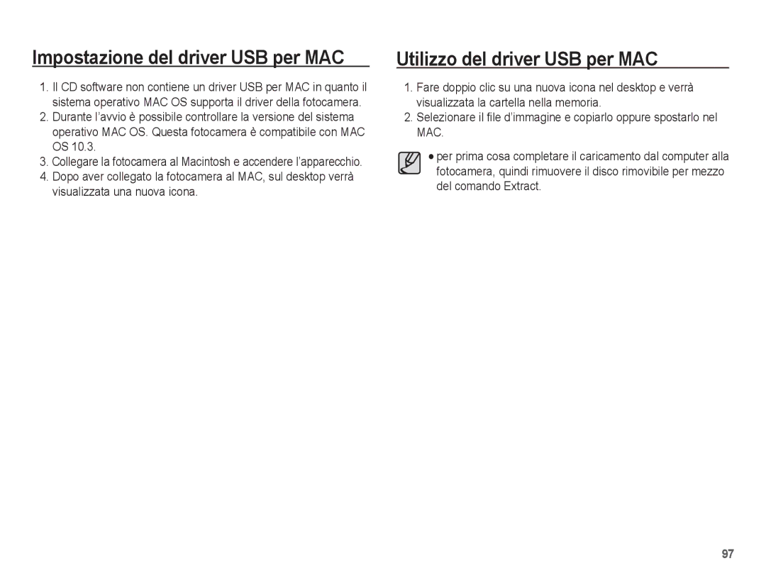 Samsung EC-ES20ZZBASIT, EC-ES20ZZBAWIT, EC-ES20ZZBAPIT Impostazione del driver USB per MAC, Utilizzo del driver USB per MAC 