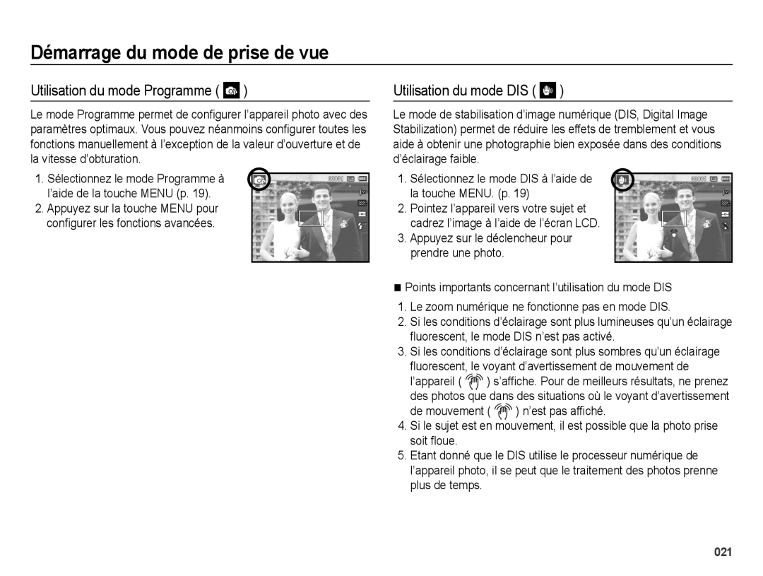 Samsung EC-ES27ZZBABE1, EC-ES25ZZBABE1, EC-ES25ZZBASGB manual Utilisation du mode Programme, Utilisation du mode DIS 