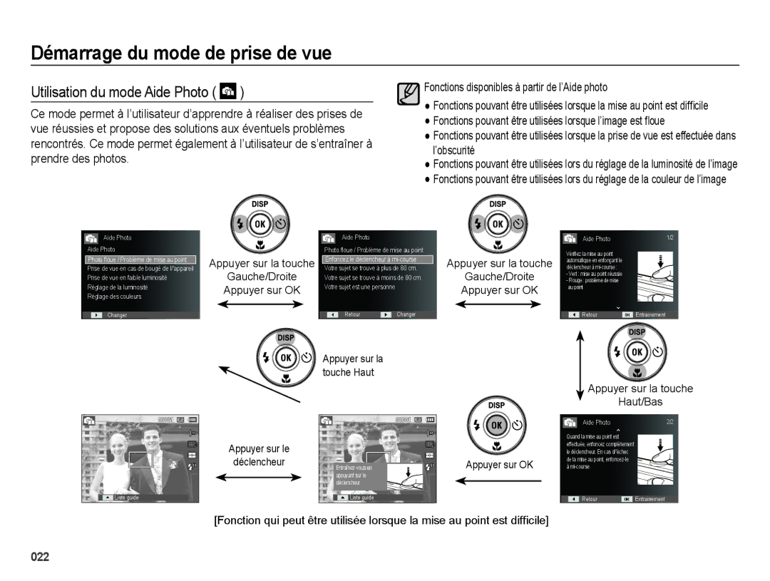 Samsung EC-ES25ZZBABGB Utilisation du mode Aide Photo, Appuyer sur la touche Haut/Bas, Appuyer sur le Déclencheur 