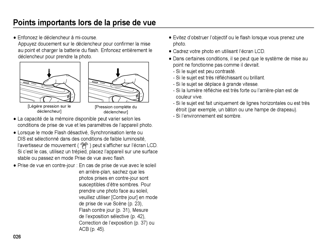 Samsung EC-ES25ZZBABGB manual Points importants lors de la prise de vue, Enfoncez le déclencheur à mi-course, Couleur vive 