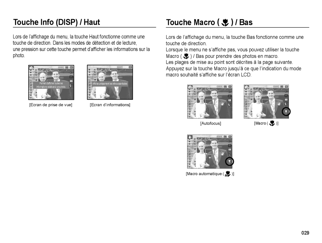 Samsung EC-ES27ZZBABE1 manual Touche Info Disp / Haut, Touche Macro / Bas, Ecran de prise de vue Ecran d’informations 