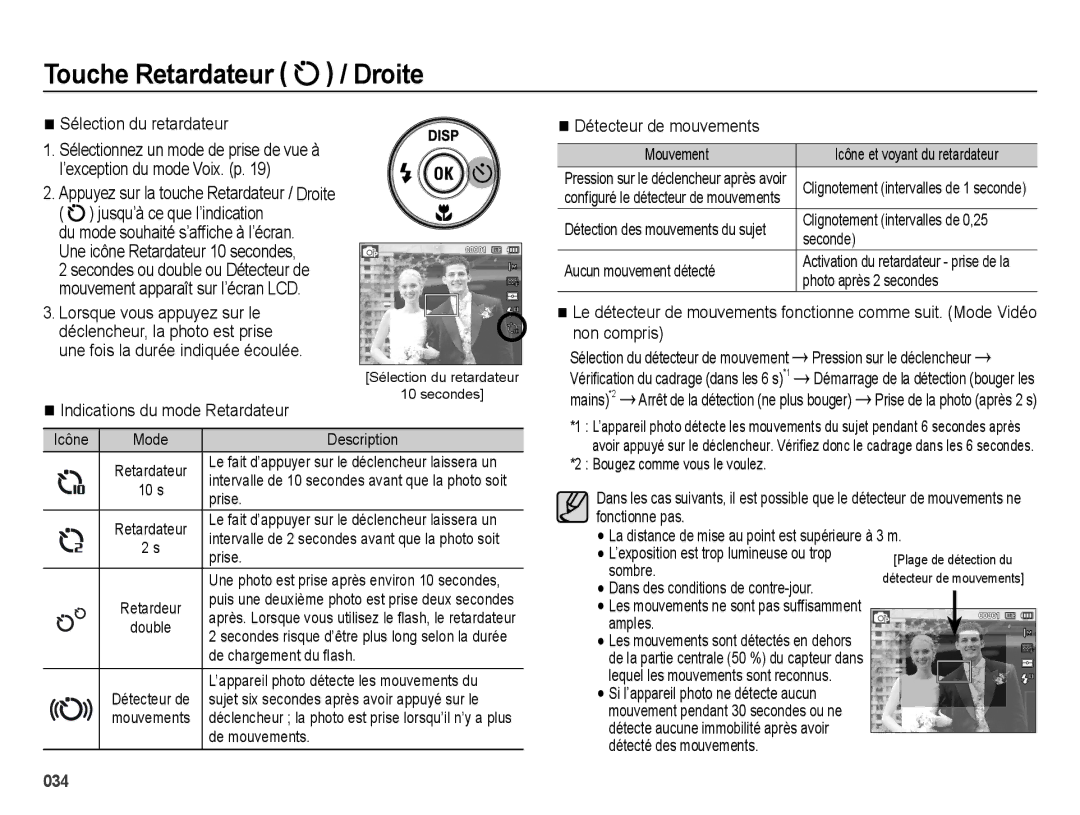 Samsung EC-ES25ZZBABGB manual Sélection du retardateur, Indications du mode Retardateur, Détecteur de mouvements, Mains *2 