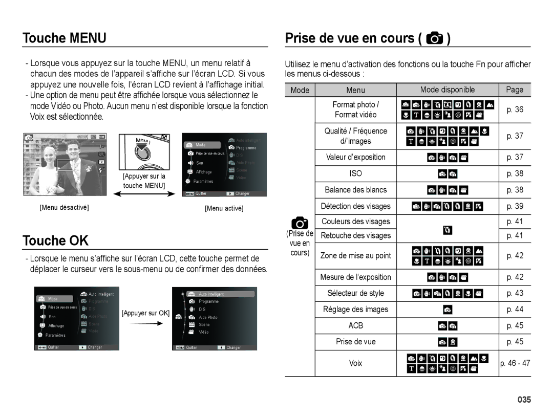 Samsung EC-ES25ZZBABE1, EC-ES25ZZBASGB manual Touche Menu, Les menus ci-dessous, Voix est sélectionnée, Format vidéo 