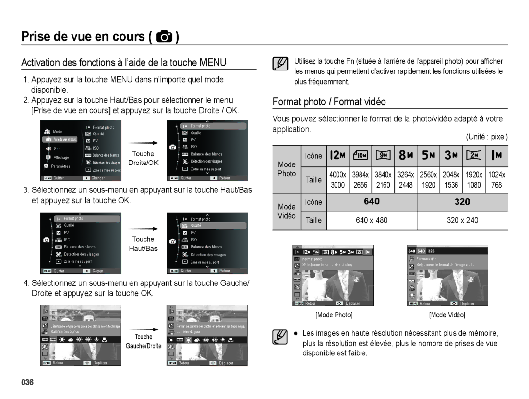 Samsung EC-ES25ZZBASGB Prise de vue en cours, Activation des fonctions à l’aide de la touche Menu, Mode Icône Photo Taille 