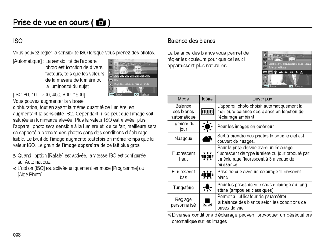 Samsung EC-ES25ZZBABGB, EC-ES25ZZBABE1, EC-ES25ZZBASGB, EC-ES27ZZBABE1 manual Balance des blancs 