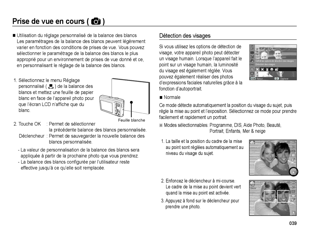 Samsung EC-ES25ZZBABE1, EC-ES25ZZBASGB, EC-ES27ZZBABE1, EC-ES25ZZBABGB Détection des visages, Normale, Blancs personnalisée 