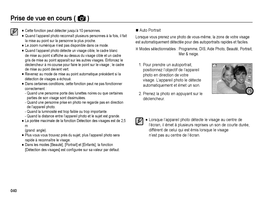 Samsung EC-ES25ZZBASGB manual Auto Portrait, Prenez la photo en appuyant sur le déclencheur, ’est pas au centre de l’écran 