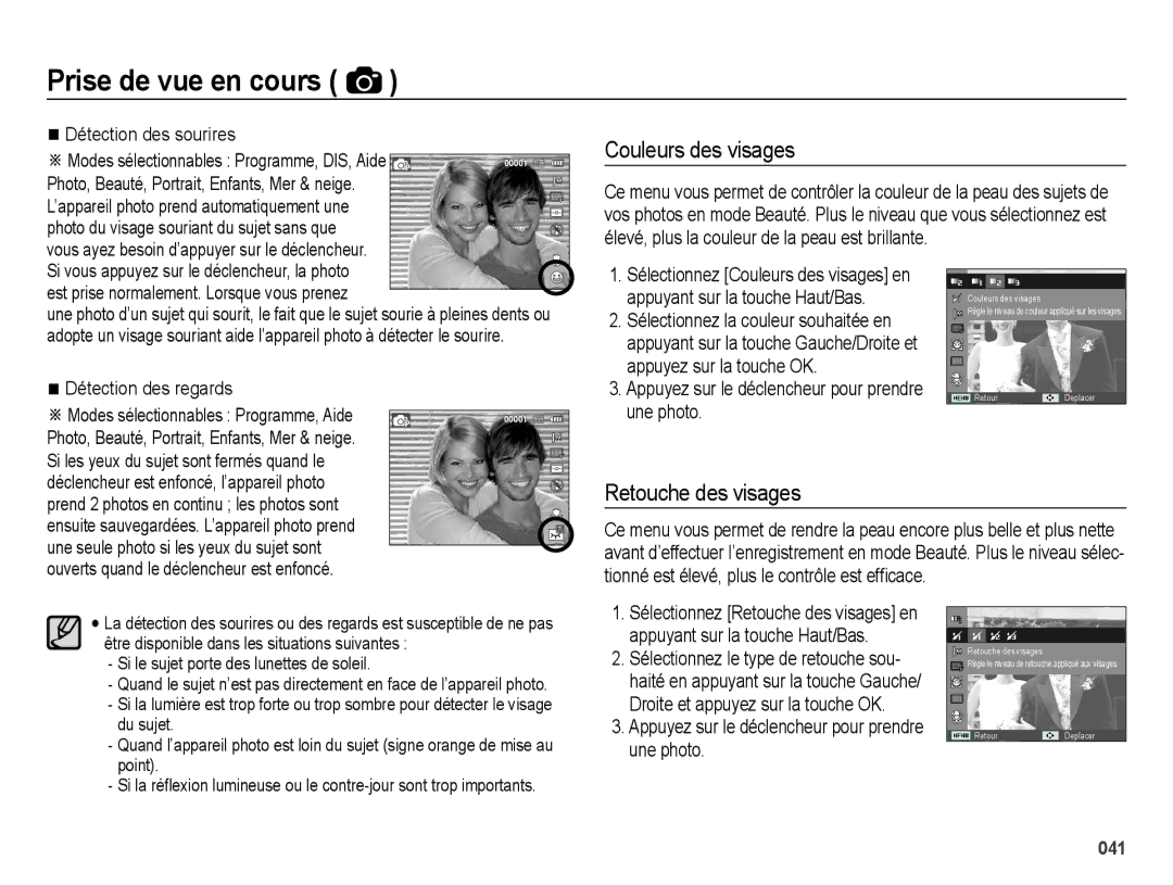 Samsung EC-ES27ZZBABE1 manual Couleurs des visages, Retouche des visages, Détection des sourires, Détection des regards 