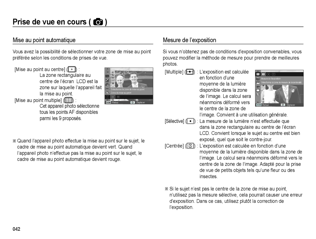 Samsung EC-ES25ZZBABGB, EC-ES25ZZBABE1, EC-ES25ZZBASGB, EC-ES27ZZBABE1 Mise au point automatique, Mesure de l’exposition 