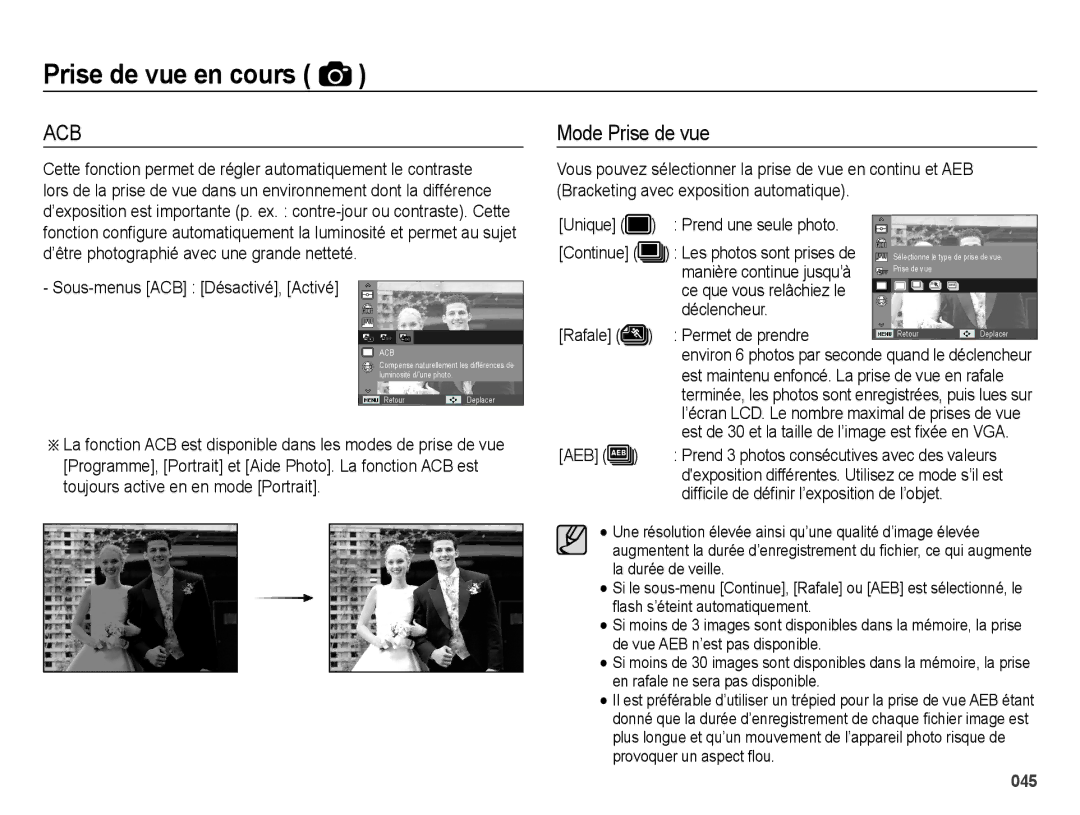 Samsung EC-ES27ZZBABE1, EC-ES25ZZBABE1, EC-ES25ZZBASGB, EC-ES25ZZBABGB manual Mode Prise de vue 