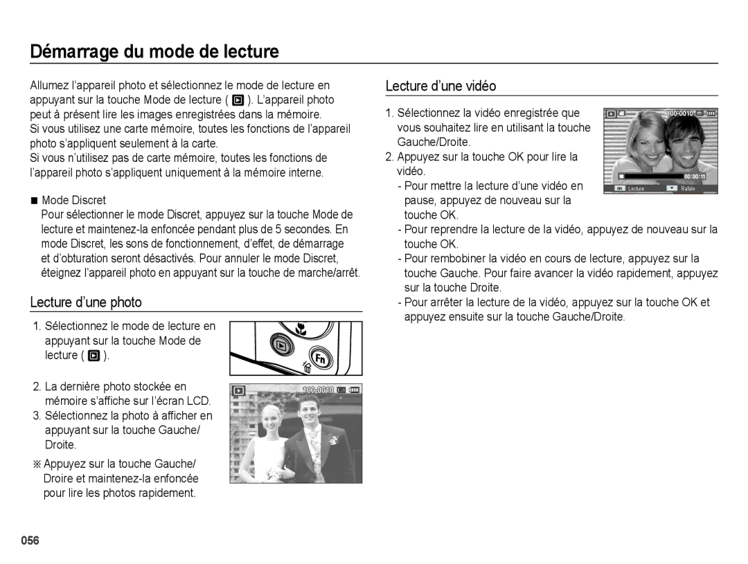 Samsung EC-ES25ZZBASGB manual Démarrage du mode de lecture, Lecture d’une photo, Lecture d’une vidéo, Mode Discret 