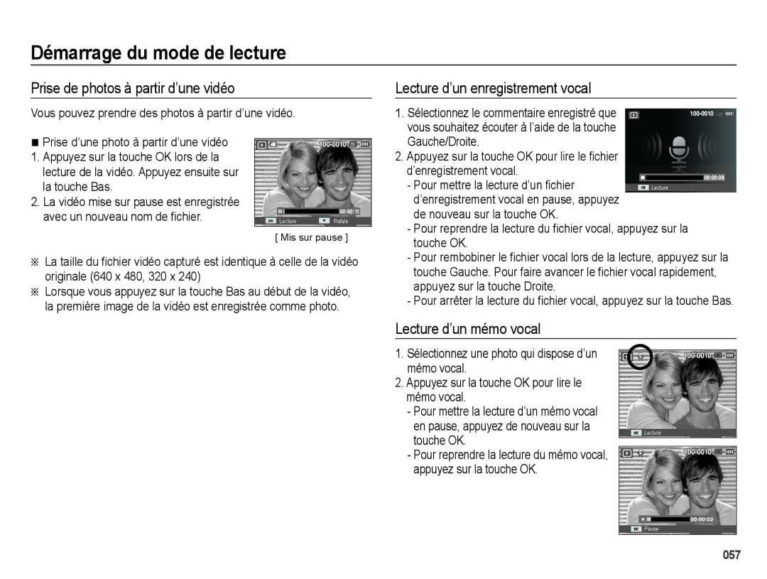 Samsung EC-ES27ZZBABE1 Prise de photos à partir d’une vidéo, Lecture d’un enregistrement vocal, Lecture d’un mémo vocal 