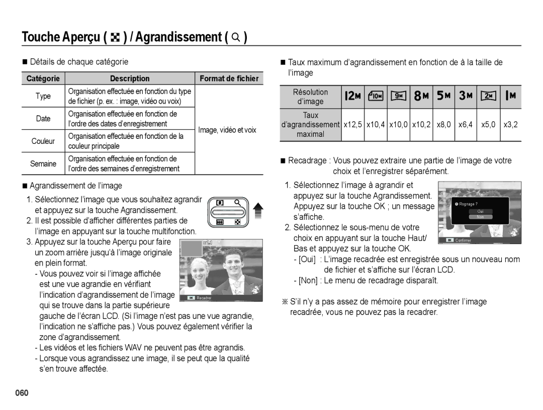 Samsung EC-ES25ZZBASGB manual Touche Aperçu º / Agrandissement í, Détails de chaque catégorie, Agrandissement de l’image 