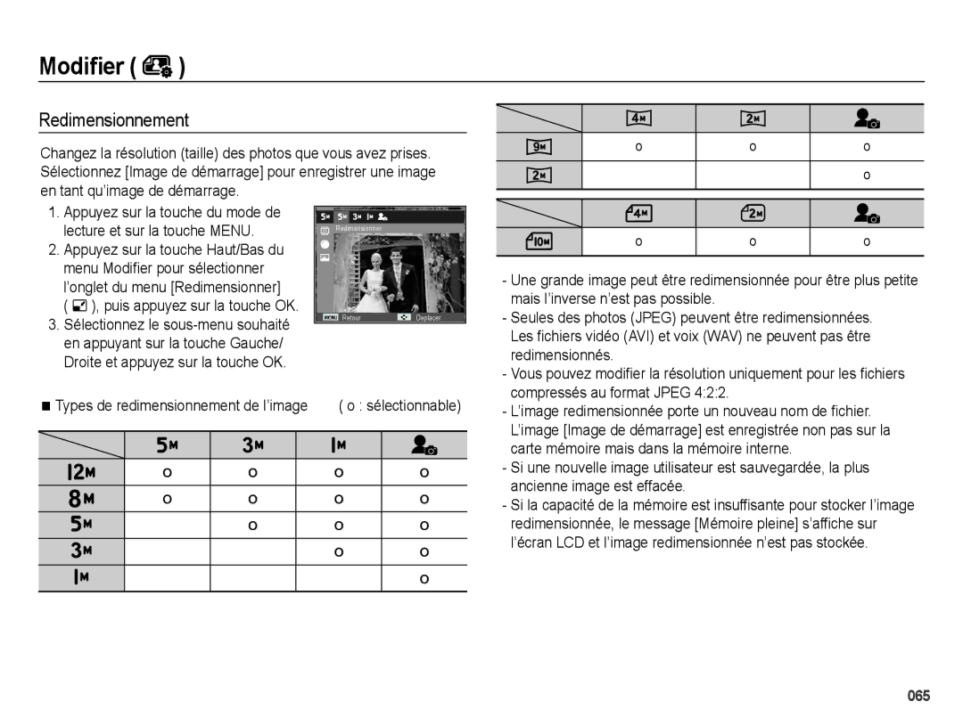 Samsung EC-ES27ZZBABE1, EC-ES25ZZBABE1, EC-ES25ZZBASGB, EC-ES25ZZBABGB manual Modiﬁer, Redimensionnement 