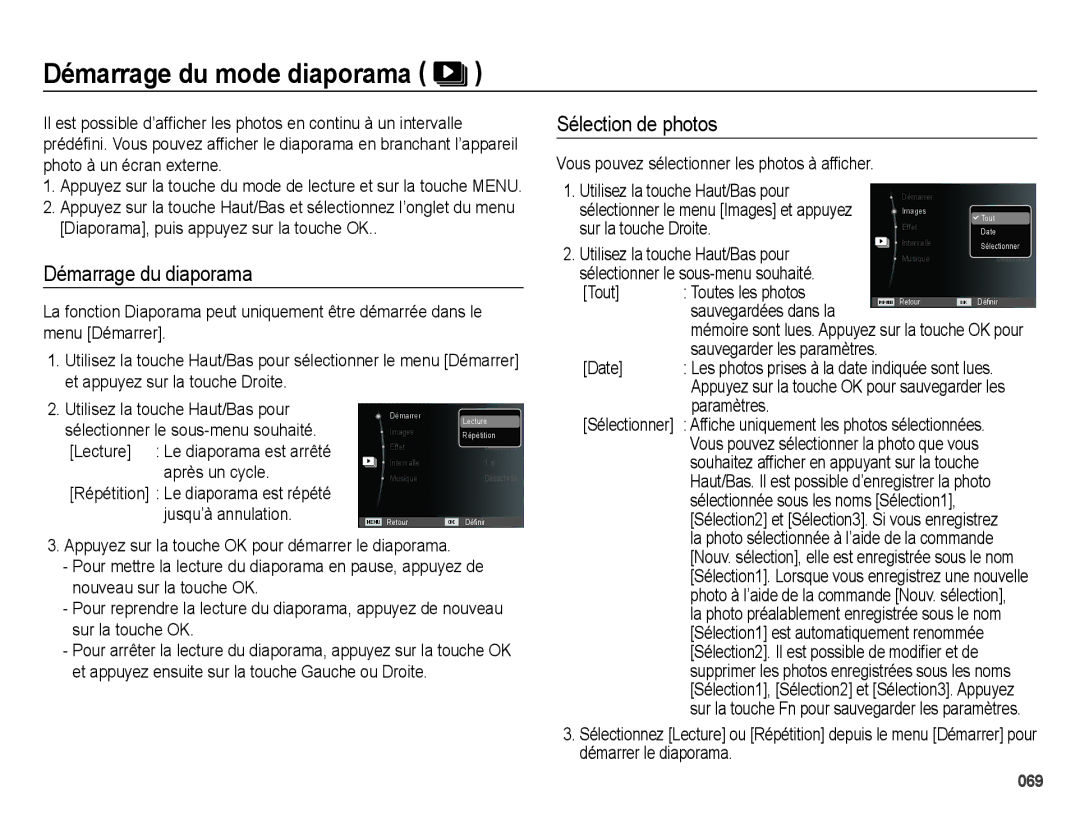 Samsung EC-ES27ZZBABE1, EC-ES25ZZBABE1 manual Démarrage du mode diaporama, Démarrage du diaporama, Sélection de photos 