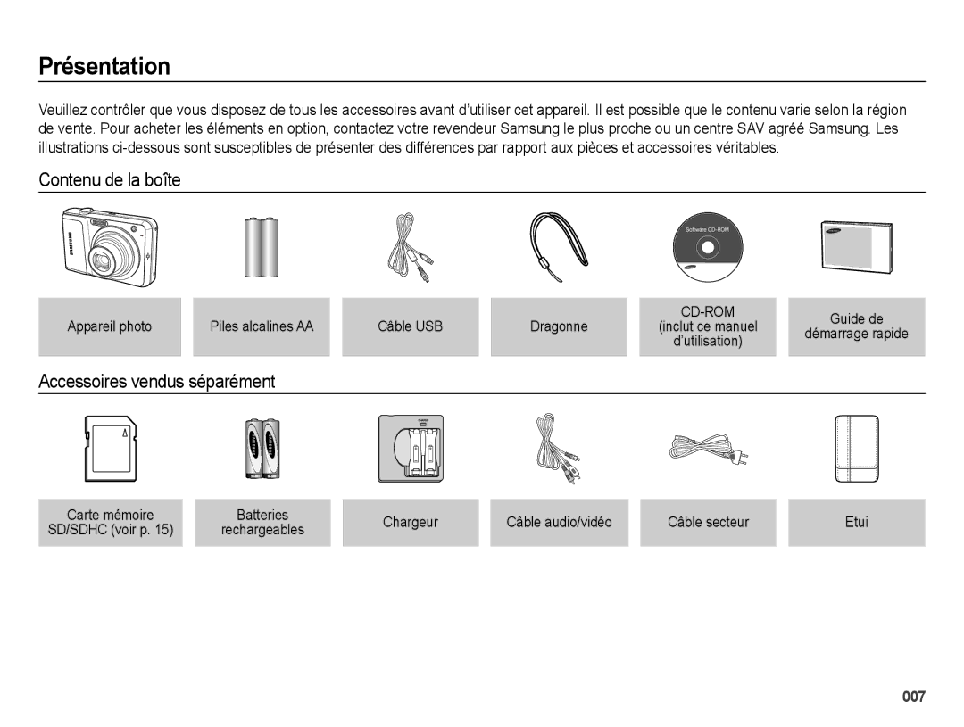 Samsung EC-ES25ZZBABE1, EC-ES25ZZBASGB, EC-ES27ZZBABE1 Présentation, Contenu de la boîte, Accessoires vendus séparément 