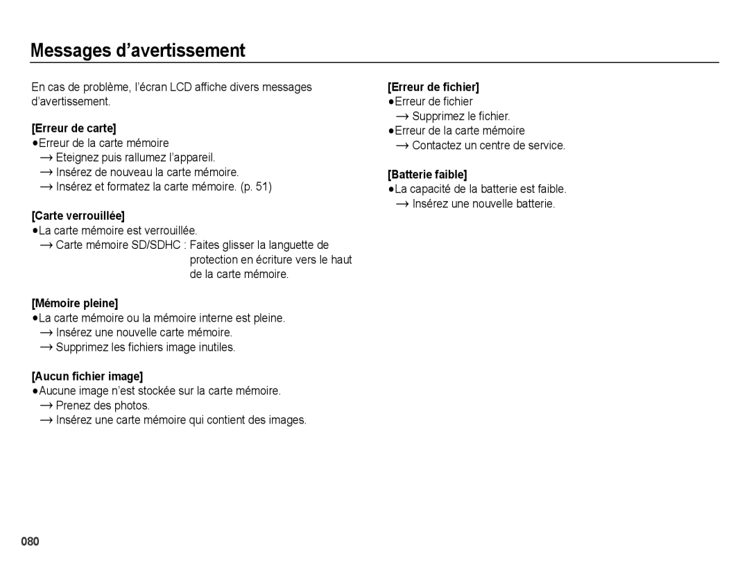 Samsung EC-ES25ZZBASGB manual Messages d’avertissement, La carte mémoire est verrouillée, Contactez un centre de service 