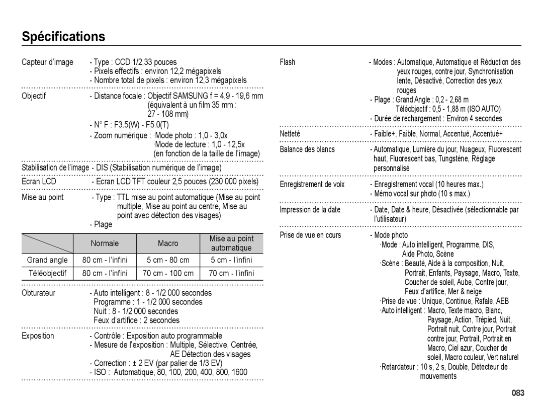 Samsung EC-ES25ZZBABE1, EC-ES25ZZBASGB, EC-ES27ZZBABE1, EC-ES25ZZBABGB manual Spéciﬁcations 