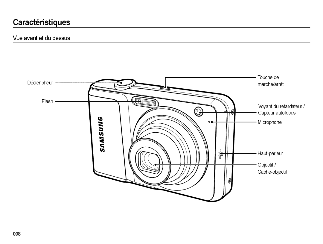 Samsung EC-ES25ZZBASGB, EC-ES25ZZBABE1 Caractéristiques, Vue avant et du dessus, Déclencheur Flash, Touche de marche/arrêt 