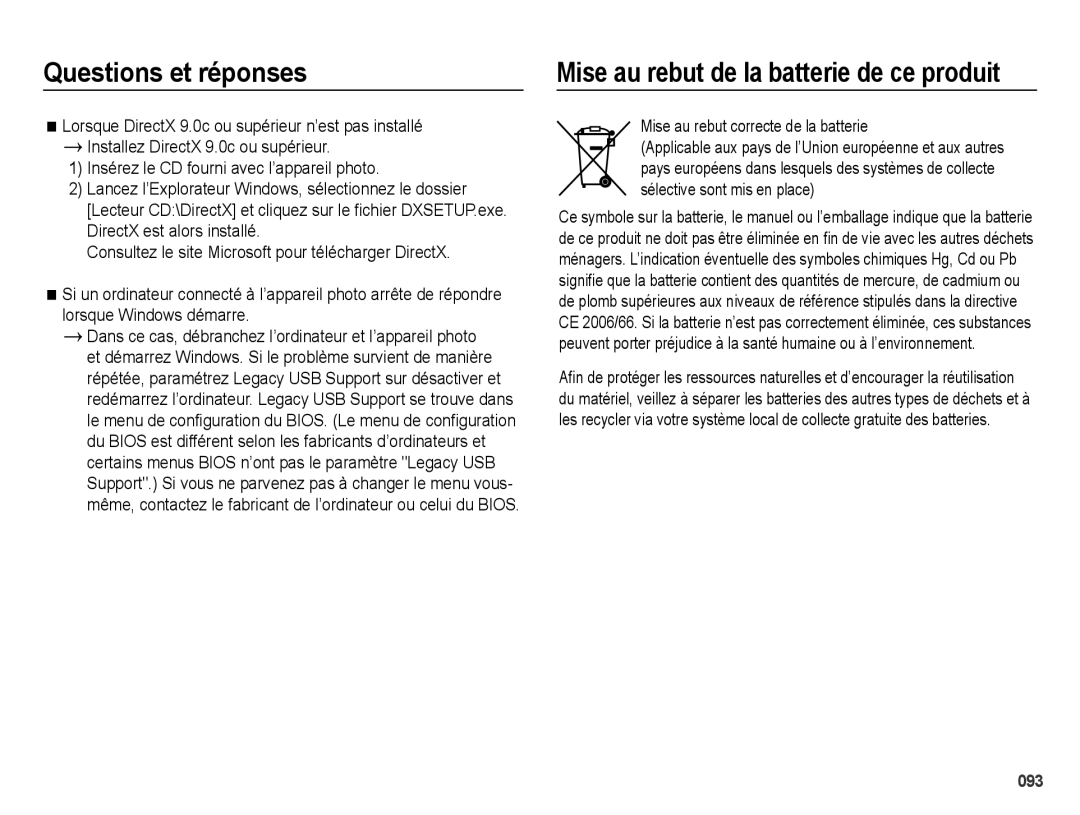 Samsung EC-ES27ZZBABE1, EC-ES25ZZBABE1, EC-ES25ZZBASGB Mise au rebut correcte de la batterie, Sélective sont mis en place 